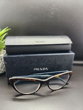 Prada Tortoiseshell Cat-Eye Frames with Blue Temples